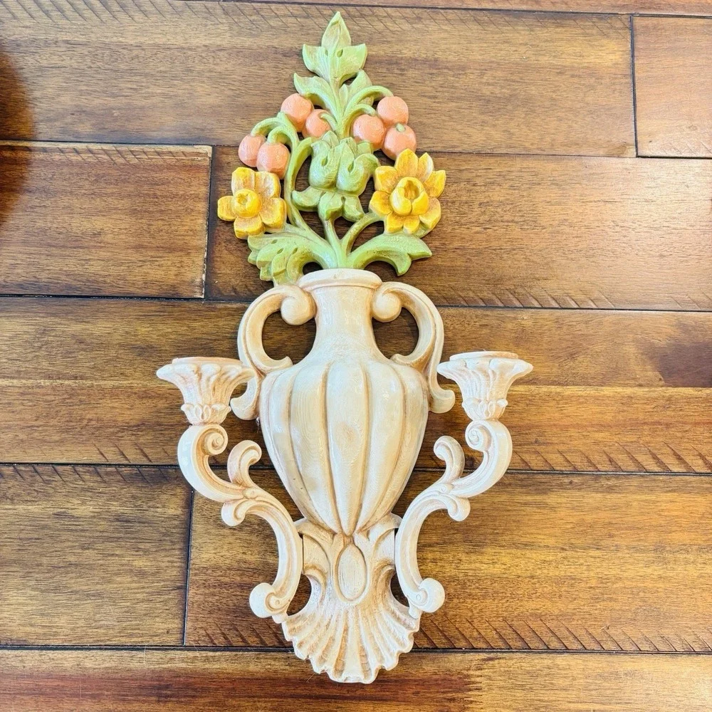 Vintage Homco Burwood Floral Sconce Candle Holders Pair Syroco Style USA‎ 4104